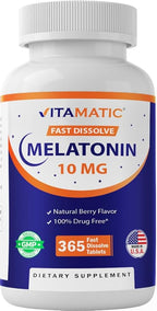 Vitamatic Melatonin 10 mg Fast Dissolve Tablets – Quick-Dissolving Sleep Support Supplement for Adults – Vegetarian, Non-GMO & Gluten-Free – Natural Berry Flavor – 365 Tablets