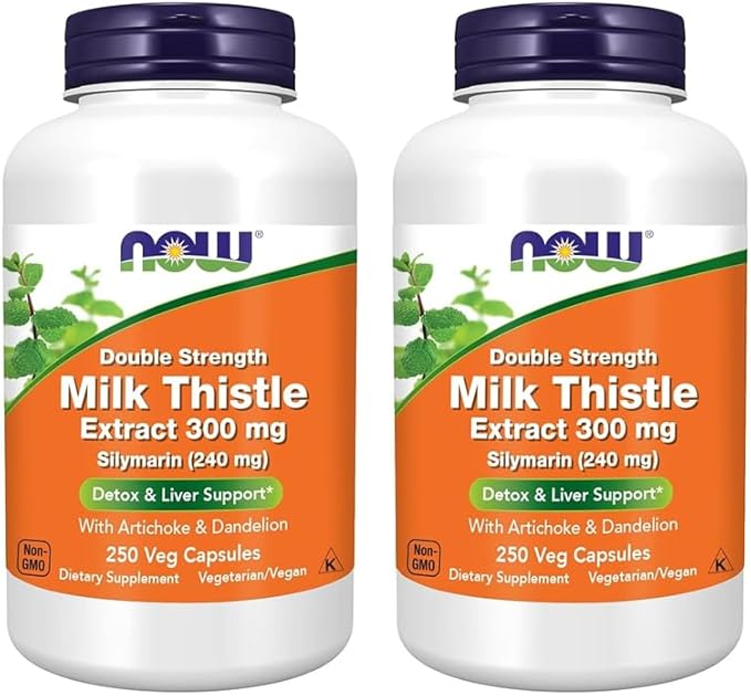 NOW Foods Supplements, Silymarin Milk Thistle Extract 300 mg with Artichoke and Dandelion, Double Strength, Supports Liver Function*, 250 Veg Capsules (Pack of 2)