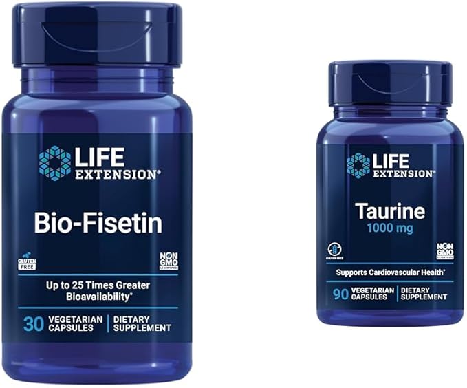 Life Extension Bio-Fisetin 30 Capsules Cellular Health Bundle with Taurine 1000mg 90 Capsules Heart Health