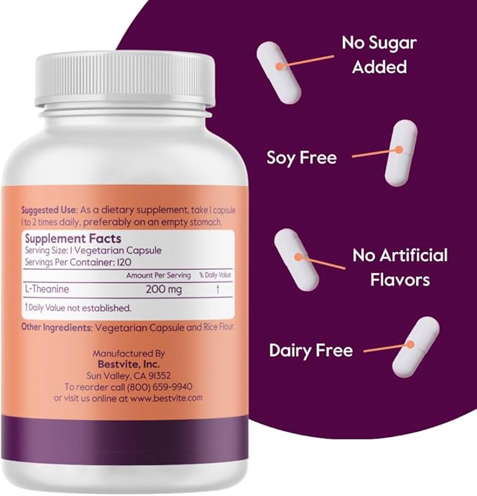 BESTVITE L-Theanine 200mg (360 Vegetarian Capsules) (120 x 3) - No Stearates - Vegan - Non GMO - Gluten Free