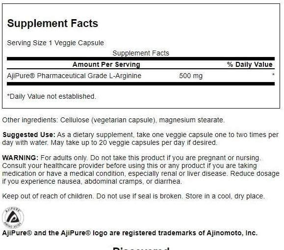 Swanson Amino Acid Ajipure L-Arginine Pharmaceutical Grade 500 Milligrams 60 Veg Capsules