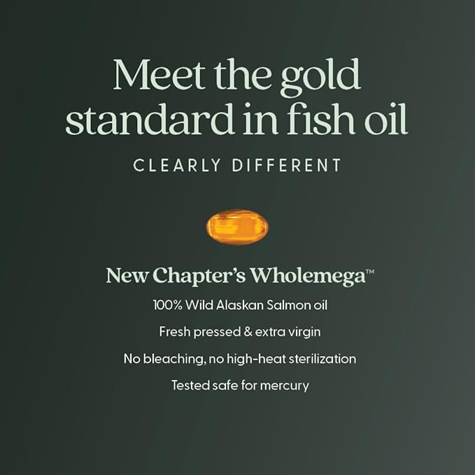 New Chapter Wholemega Fish Oil Supplement, Tiny Capsules, 2000mg per Serving, Clinically Proven Wild Alaskan Salmon Oil with Omega-3 + Vitamin D3 + Astaxanthin, 500mg Each - 90 Count