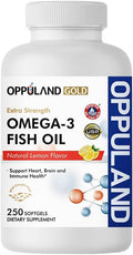 Omega 3 Fatty Acids Fish Oil Supplement - Triple Strength - 1000 mg Encapsulations with EPA 165 mg & DHA 105 mg for Heart, Brain & Joint Care - Burpless Omega3 - Lemon Flavor - 250 Softgels
