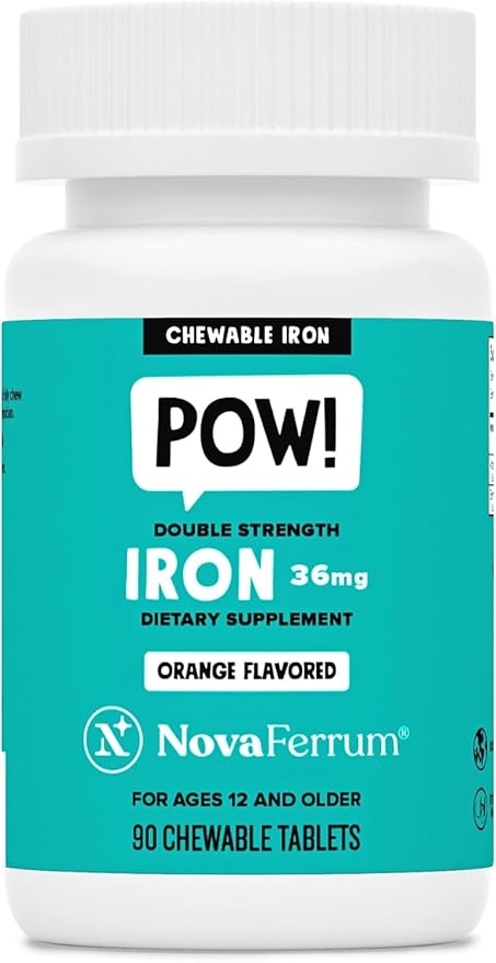 NovaFerrum Pow | Chewable Iron Supplement for Kids & Adults Ages 12 and Over | Anemia | 36mg of Iron | 90 Servings | Sugar Free