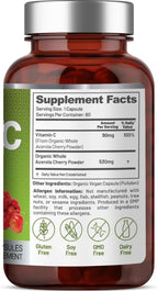 Vegan Whole Food Vitamin C, Two Ingredients (Organic Whole Acerola Cherry Powder and Organic Vegan Capsule), Non-GMO, Third Party Tested, 60 Day Supply