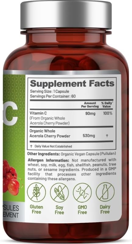 Vegan Whole Food Vitamin C, Two Ingredients (Organic Whole Acerola Cherry Powder and Organic Vegan Capsule), Non-GMO, Third Party Tested, 60 Day Supply