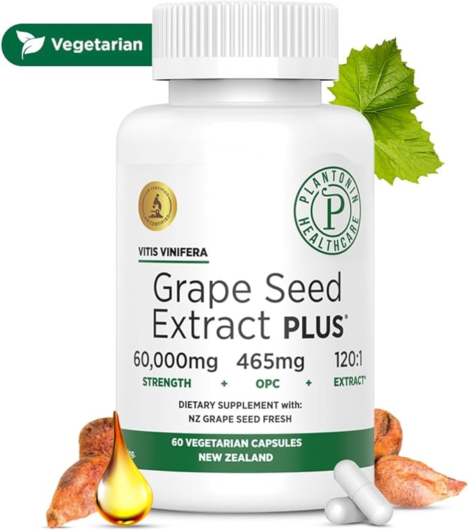 Grape Seed Extract Plus-Vitis Vinifera (60 Capsules)-60,000 mg Strength, 60 Vegan Capsules, 465mg Polyphenols (Proanthocyanidins), Potent 120:1, 2 Month Supply, Non-GMO and All-Natural