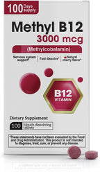 Vitamin B12 Methylcobalamin 3000 mcg – Fast Dissolve Vitamin B12 Sublingual Tablets, Methylated B12 & Folate, Natural Cherry Flavor – 100 Tablets