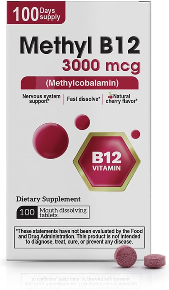 Vitamin B12 Methylcobalamin 3000 mcg – Fast Dissolve Vitamin B12 Sublingual Tablets, Methylated B12 & Folate, Natural Cherry Flavor – 100 Tablets