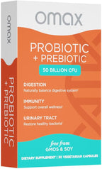 Omax Prebiotic & Probiotic 50 Billion CFU + Chicory Inulin, 10 Strains, Reduce Bloating, Digestion, SIBO, Leaky Gut, Vaginal pH, Acidophilus, Vegan, Dairy Free, Gluten Free, Blister Packaged