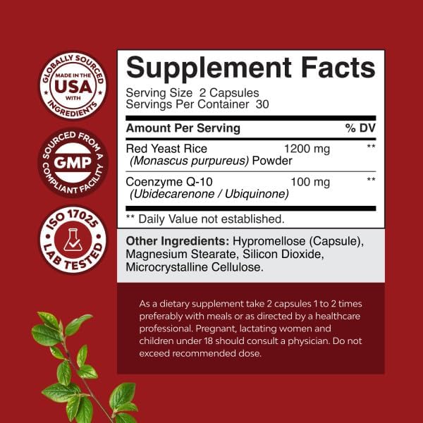 Red Yeast Rice with CoQ10 Supplement - Advanced Healthy Heart & Healthy Cholesterol Levels Formula for Men & Women - Red Yeast Rice Capsules with 1200mg per Serving and CoQ10-60 Count