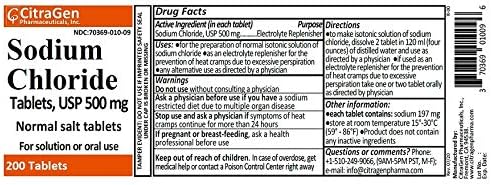 Sodium Chloride Tablets 500 mg (0.5 gram), USP Normal Salt Tablets - 200 Tablets by CitraGen Pharmaceuticals, Inc.