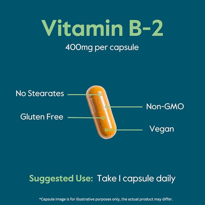 BESTVITE Vitamin B-2 (Riboflavin) 400mg (120 Vegetarian Capsules) - High Potency – Energy, Skin & Cellular Health – Healthy Nervous System Support – Vegan – Non GMO – Gluten Free – No Stearates