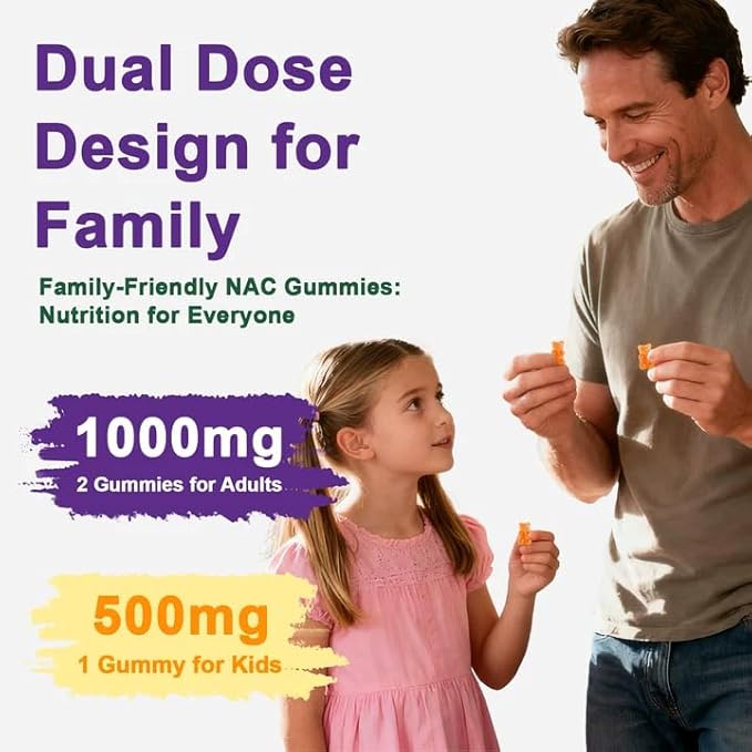 NAC Supplement 1000mg for Adults & 500mg for Kids, N-Acetyl Cysteine Supplement Gummies, Synergistic Antioxidant, Vegan, Sugar-Free 60 Gummies