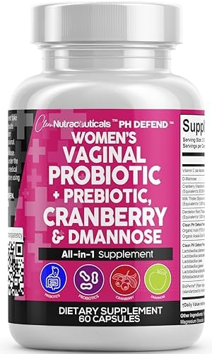 Clean Nutraceuticals Vaginal Probiotics for Women with Cranberry, D-Mannose, Prebiotics, pH Balance Support, Feminine Health, Urinary Tract Cleanse – Capsule Alternative to Gummies – 60 Count
