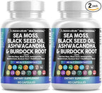 Clean Nutraceuticals Sea Moss Black Seed Oil Ashwagandha Turmeric Bladderwrack Burdock & Vitamin C Vitamin D3 with Elderberry Manuka Dandelion Yellow Dock Iodine Chlorophyll ACV - 2Pack