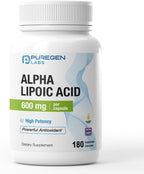 Puregen Labs Alpha Lipoic Acid 600mg [High Potency] 180 Servings - Antioxidant Support | No Harmful Additives | Non-GMO, NO Gluten and Dairy, 600 mg per Veggie Capsule