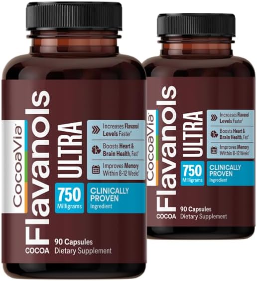 CocoaVia Ultra 750mg Cocoa Flavanols – Heart & Brain Support, Memory & Blood Circulation Booster, High Flavanol Cocoa for Nitric Oxide, Energy & Oxygen Boost, Vegan, Gluten-Free, 60-Day Supply