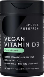 Sports Research Vegan Vitamin D3 5000IU (125 mcg) with Coconut Oil | 100% Plant-Based Vitamin D for Bone, Joint & Immune Support | Carrageenan Free, Vegan Certified & Non-GMO Verified (60 Softgels)