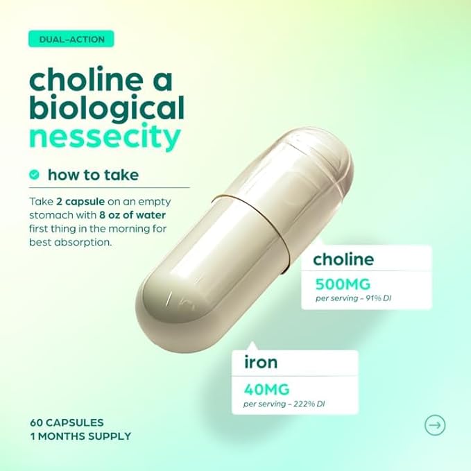 Thinbi Choline 500mg Prenatal Supplement with Iron 40mg – Prenatal Vitamins for Women – Pregnancy Brain, Memory & Cognitive Support – Ferrous Fumarate, Vegan – 30 Servings