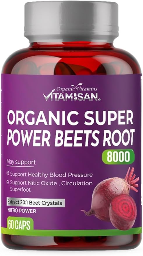 VITAMISAN Organic Super Powder Beets Root 8000 – Nitric Oxide Support with 20:1 Beet Extract, Grape Seed, Collagen & Magnesium – Non-GMO, Gluten Free Beetroot Powder Capsules