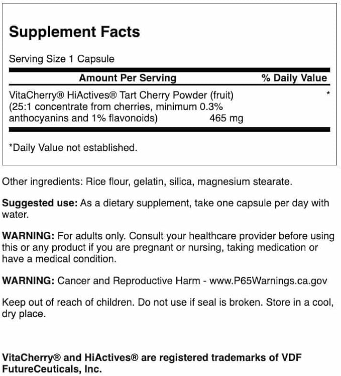 Swanson HiActives Tart Cherry - Natural Supplement Supporting Joint Health, Mobility & Flexibility - Helps Strengthen Collagen Structures & Connective Tissue - (60 Capsules, 465mg Each) (2 Pack)