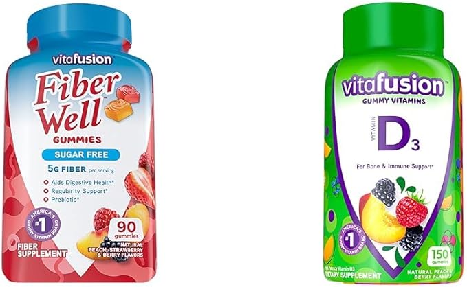 Vitafusion Fiber Well Sugar Free Fiber Supplement & Vitamin D3 Gummy Vitamins for Bone and Immune System Support, Peach, BlackBerry and Strawberry Flavored, 50 mcg Vitamin D, 75 Day Supply, 150 Count