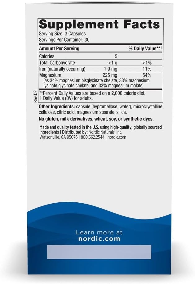 Nordic Naturals Magnesium Complex - 90 Capsules - 225 mg Magnesium, 1.9 mg Iron - Brain & Heart Health, Mood, Energy, & Muscle Relaxation - Non-GMO, Vegan - 30 Servings