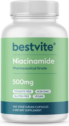 BESTVITE Filler-Free Niacinamide 500mg (240 Vegetarian Capsules) - Flush Free Vitamin B3- No Stearates - Vegan - Non GMO - Gluten Free