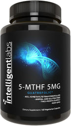 Intelligent Labs 5-MTHF L-5 Methylfolate Supplement Activated Folic Acid Supplement as Quatrefolic - Methyl Folate for MTHFR 120 Capsules - 60 Days Supply, 5mg = 5000mcg Methylfolate