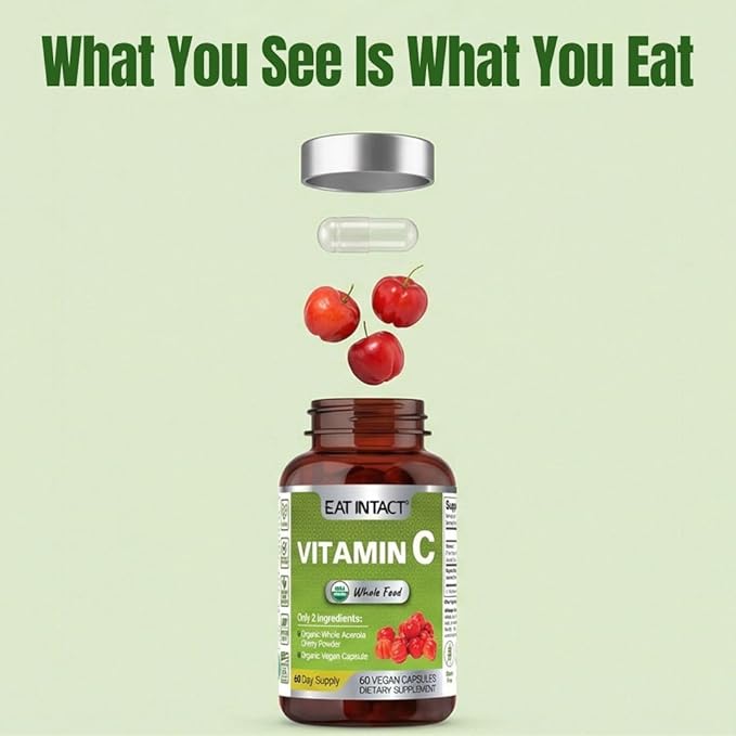 Vegan Whole Food Vitamin C, Two Ingredients (Organic Whole Acerola Cherry Powder and Organic Vegan Capsule), Non-GMO, Third Party Tested, 60 Day Supply