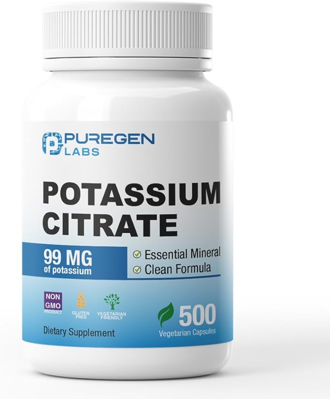 Puregen Labs Potassium Citrate 99 mg of Elemental Potassium Supplement | No Harmful Additives | Non-GMO, Gluten Free - 500 Vegetarian Capsules