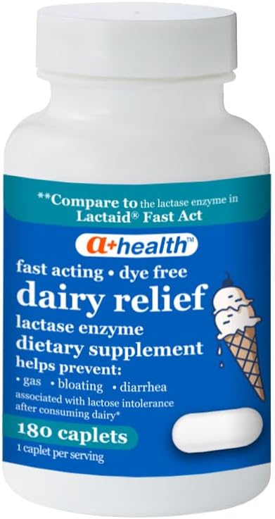 A+Health Dairy Relief Lactase Enzyme 180 Count, 9000 FCC Caplets, Fast Acting, Dye-Free, Dietary Supplement, Helps Prevent Gas, Bloating, Diarrhea Associated with Lactose Intolerance