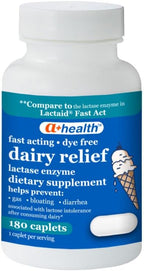 A+Health Dairy Relief Lactase Enzyme 180 Count, 9000 FCC Caplets, Fast Acting, Dye-Free, Dietary Supplement, Helps Prevent Gas, Bloating, Diarrhea Associated with Lactose Intolerance