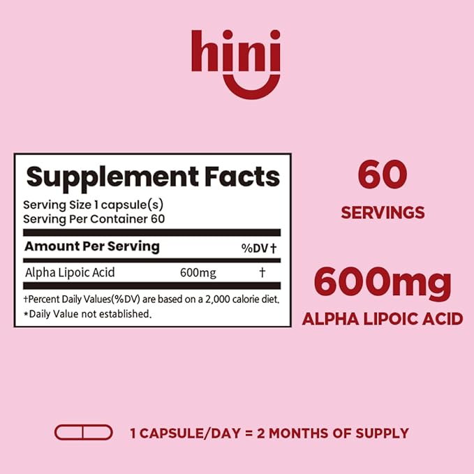 HINI Alpha Lipoic Acid 600 mg, Extra Strength ALA Antioxidant Support Supplement, High Potency Daily Wellness Formula, Easy-to-Swallow, 60 Capsules, 2-Month Supply for Men & Women