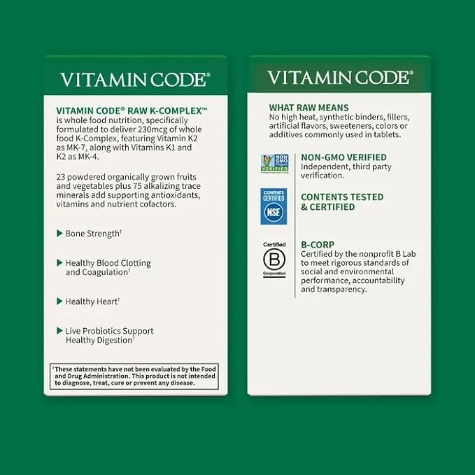 Garden of Life Vitamin K2 and K1, Vitamin Code Vegan K Complex Vitamin for Bone Strength and Heart Health, Omega Rich Flax Seed Oil, Trace Minerals, Probiotics, 60 Day Supply