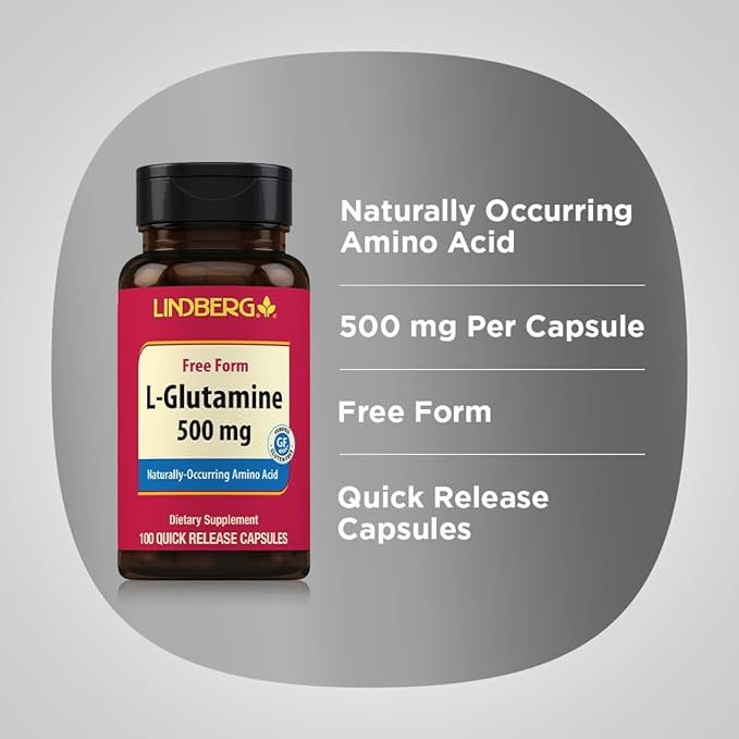 Lindberg L Glutamine Capsules for Women and Men | 500mg | 100 Pills | Free Form Supplement | Non-GMO, Gluten Free