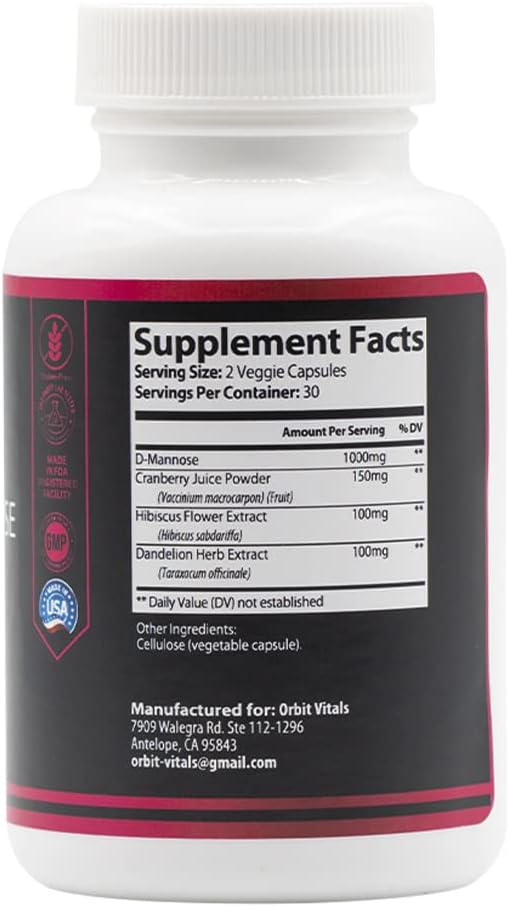 D-Mannose with Cranberry, Dandelion & Hibiscus Extract - Aids in Bladder, Urinary Tract Support, Flush Impurities - Ultra Absorption Gluten Free & Non GMO | 60 Capsules