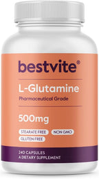 BESTVITE L-Glutamine 500mg per Capsule (240 Capsules) - No Dicalcium Phosphate - No Stearates - Non GMO - Gluten Free - Gut Health Support