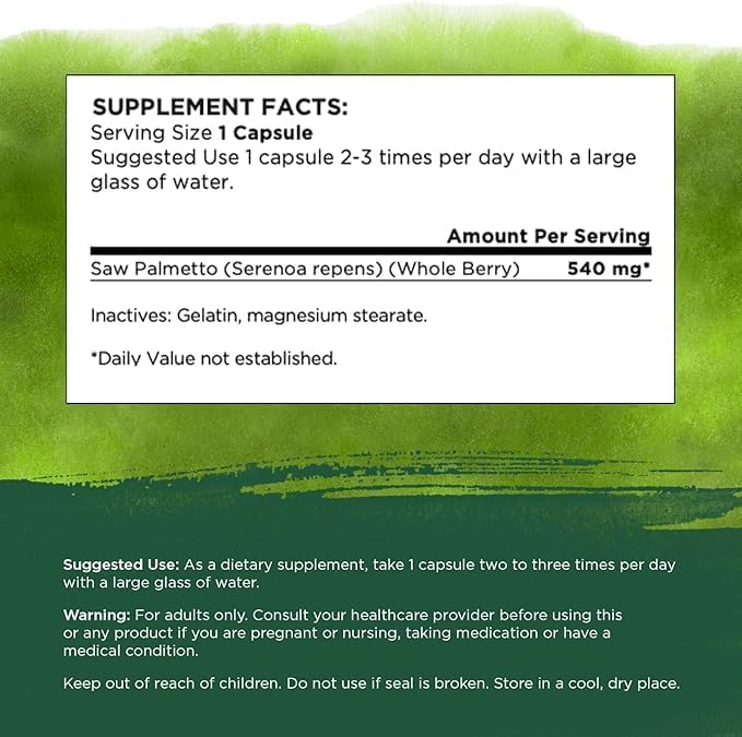 Swanson Saw Palmetto Full Spectrum Herbal Supplement for Men Seeking Prostate, Hair, and Urinary Health Support - 540 mg (250 Vegan Capsules, 4 Pack)