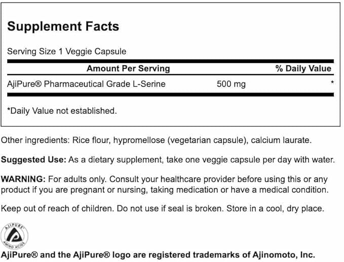 Swanson Ajipure L-Serine Pharmacecal USP Grade High Purity Amino Acid Supplement Cognitive Function Brain Health 500 mg 60 Veggie Capsules