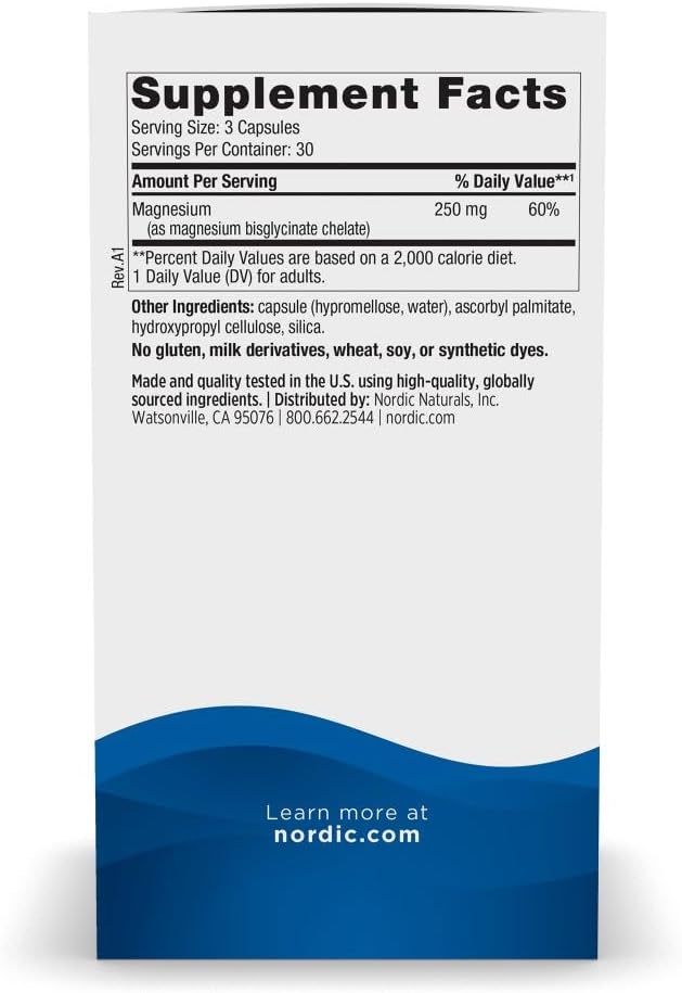 Nordic Naturals Vegetarian Magnesium Glycinate Capsules, Unflavored, 90 Count - 250mg Magnesium per Serving - Highly Bioavailable Support for Muscle & Cardiovascular Function - Non-GMO - 30 Servings