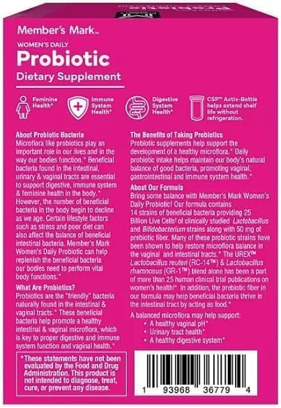 Member's Women's Daily Probiotic Capsules, 25 Billion Cells Vegetarian Probiotics for Digestive Health (90 ct.) with Taha Sticker
