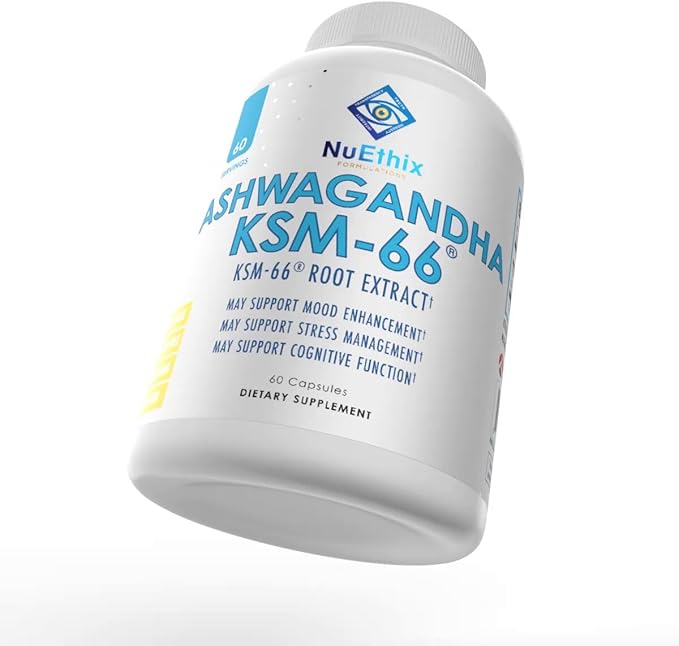 NuEthix Formulations Ashwagandha KSM 66, 500mg of KSM-66 Root Extract, Mood, Stress, & Cognitive Support, BioPerine Black Pepper Extract, Gluten Free, Vegetarian, Non-GMO, & Dairy Free, 60 Servings