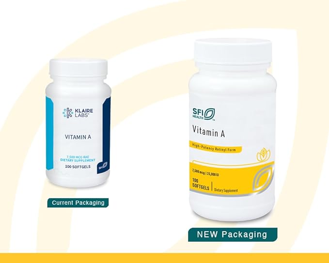 Klaire Labs SFI Health Vitamin A - High Potency 25000 IU Dose (7,500mcg RAE) from Fish Liver Oil, Preformed Retinol Form (100 Softgels)