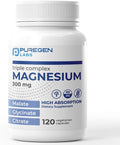 Puregen Labs Triple Magnesium Complex 300mg of Magnesium Glycinate, Malate, & Citrate [High Absorption] 120 Veg Capsules | No Harmful Additives | Non-GMO, NO Gluten and Dairy