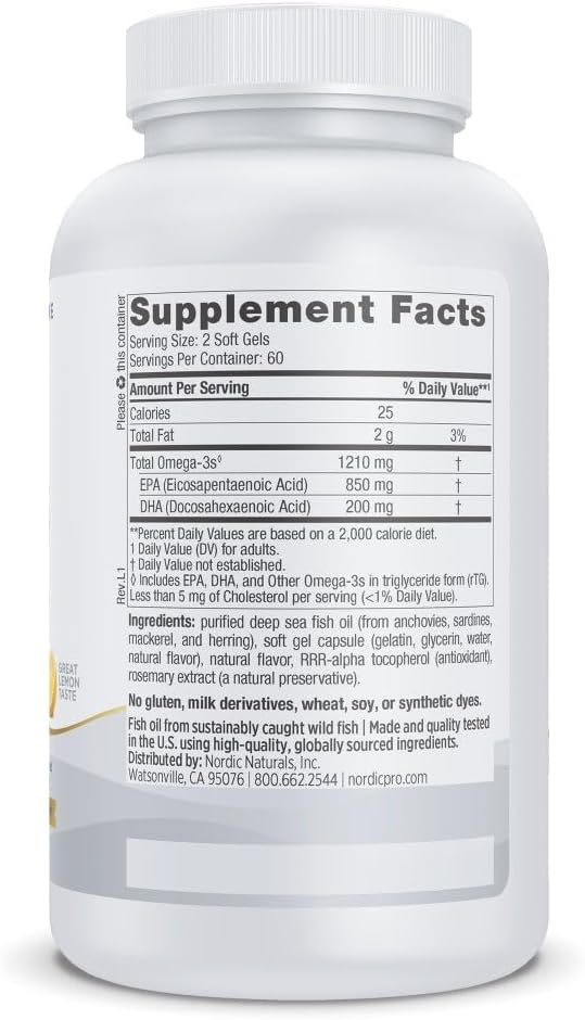 Nordic Naturals ProEPA, Lemon - 120 Soft Gels - 1210 mg Omega-3 - High-Intensity EPA Formula for Healthy Mood, Heart Health & Cellular Function - Non-GMO - 60 Servings