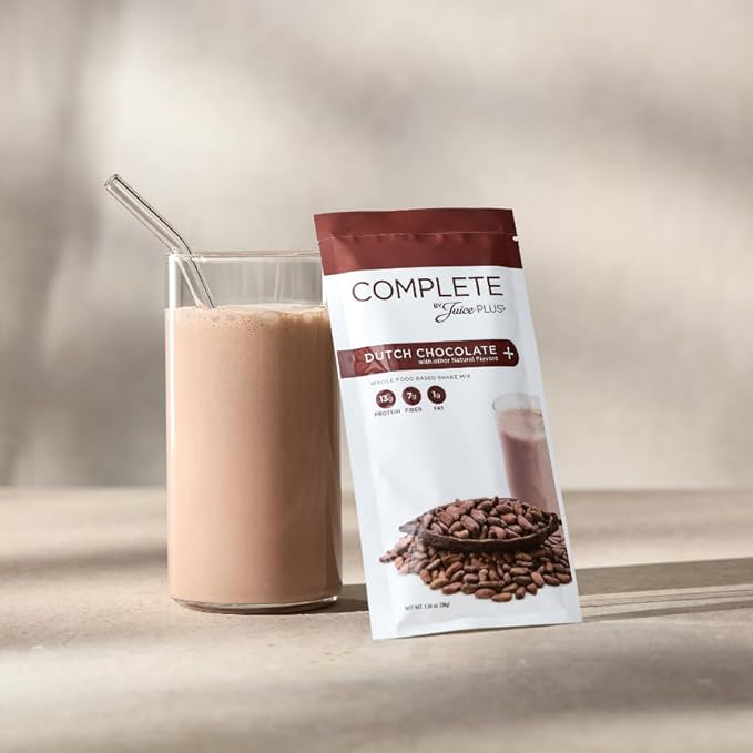 Complete by JuicePlus+ Dutch Chocolate Shakes - Plant-Based Nutrition - Whole Food Based Shake Powder with Protein, Fiber & Prebiotics - 30 Servings (2 Pouches, 15 Servings Each)