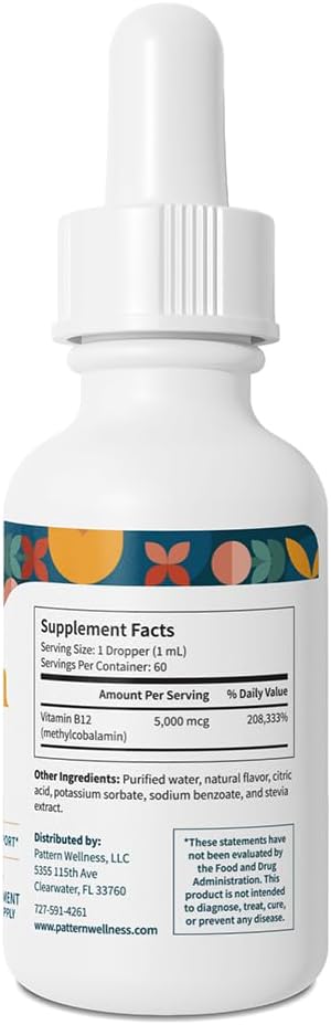 Pattern Wellness Vitamin B12 5000 mcg – Sublingual Liquid Drops – Methylcobalamin, Supports Energy & Immune Health – Vegan Citrus Flavor – 2 fl. oz (60mL), 3rd Party Lab Tested