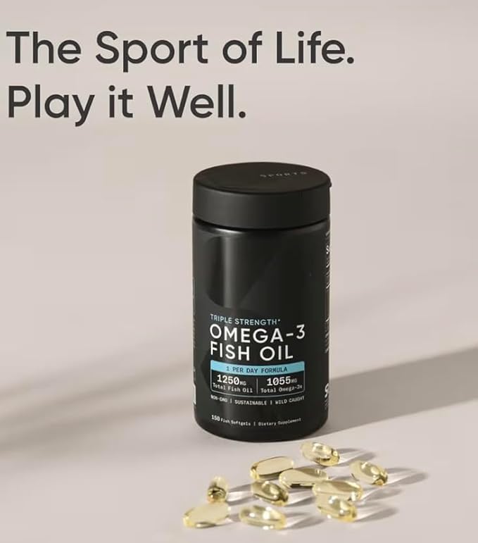 Sports Omega-3 Fish Oil, Triple Strength, (150 Counts) Burp-Less Formula, 1250 mg Fish Oil, 1055mg Omega 3, 1 Softgel per Day